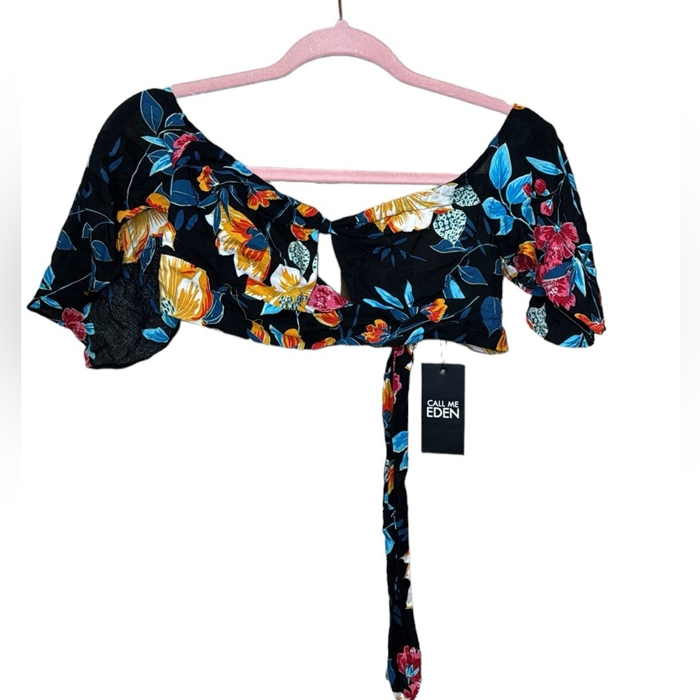 LF Floral Tie-Front Crop Top in Black with Yellow, Blue & Pink Flowers
